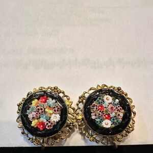SOLD - crossposted- Vintage Micro Mosaic Floral Earrings Gold Tone